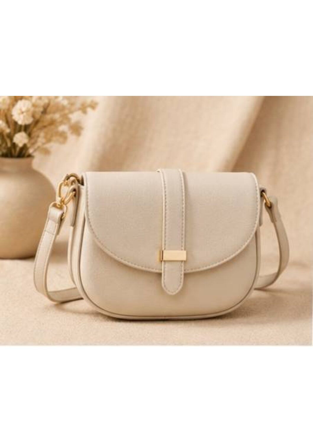 Beige Saddle Sling Bag with Gold Buckle