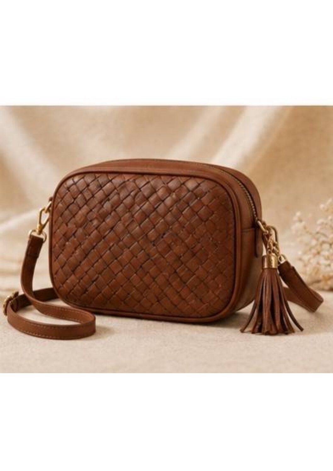 Brown Woven Camera Sling Bag with Tassel