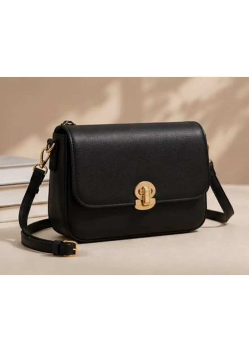 Black Structured Flap Shoulder Bag with Gold Turn-Lock